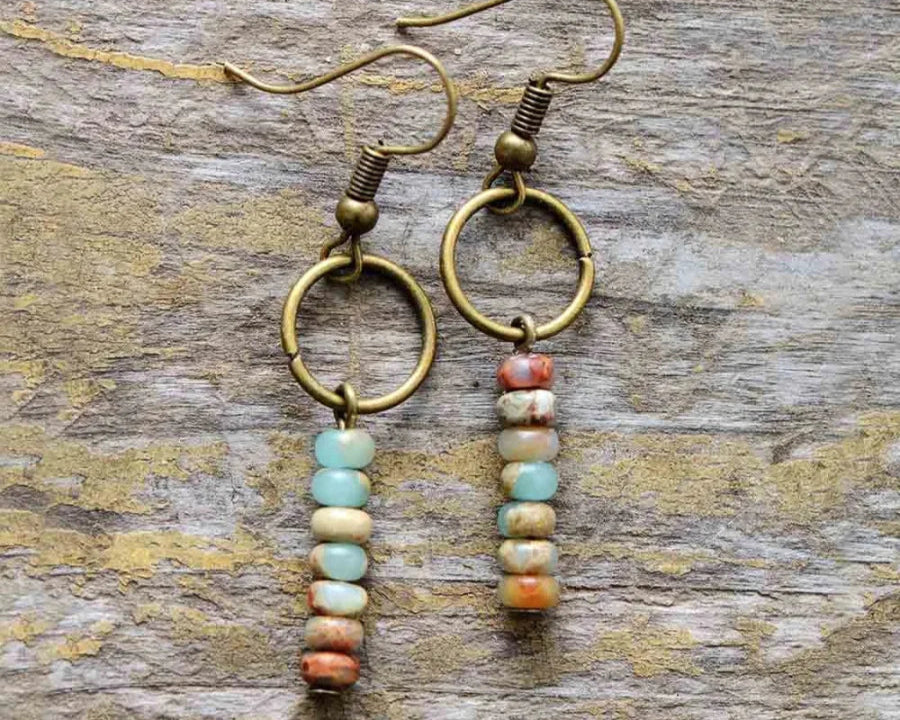 Brincos Étnicos de Jasper Natural com Estilo Vintage