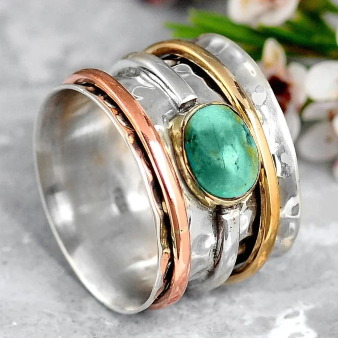 Anel Vintage em Ouro, Prata e Turquesa