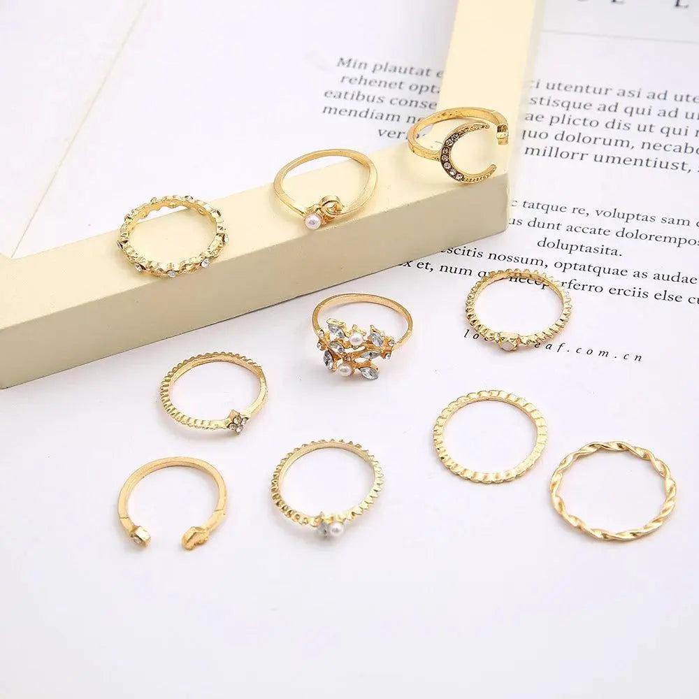 Conjunto de 10 Anéis Boêmios em Prata e Dourado