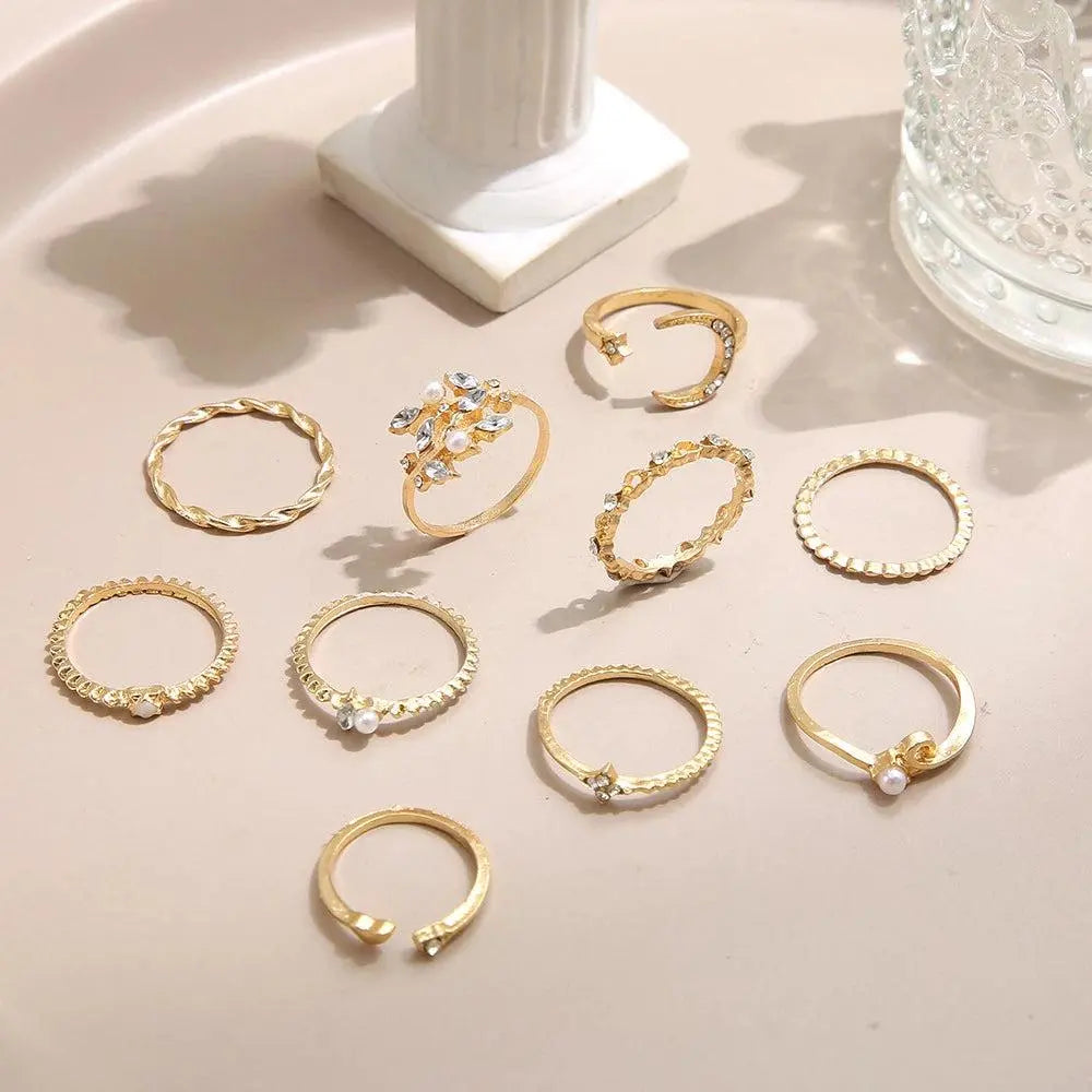 Conjunto de 10 Anéis Boêmios em Prata e Dourado