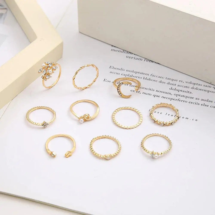 Conjunto de 10 Anéis Boêmios em Prata e Dourado