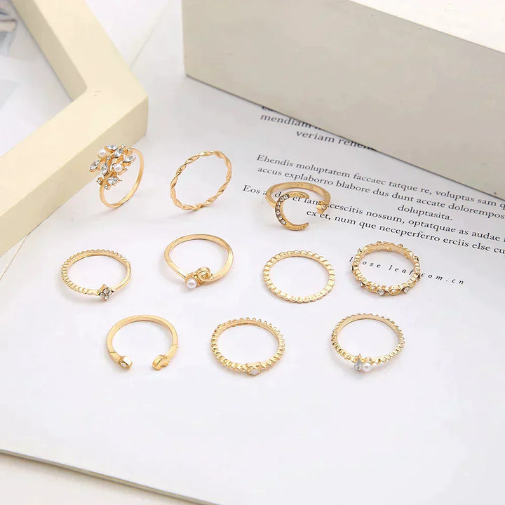 Boho™ | Conjunto de 10 Pares de Anéis em Prata e Ouro
