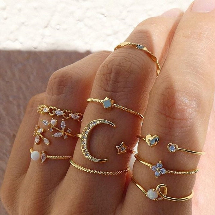 Boho™ | Conjunto de 10 Pares de Anéis em Prata e Ouro