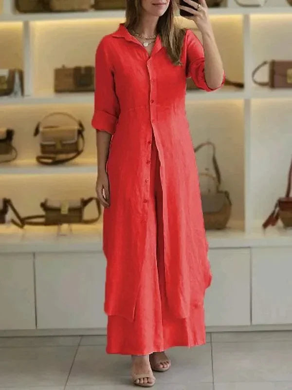 Alira – Vestido Blusa Relaxado e Calças de Linho de Perna Larga