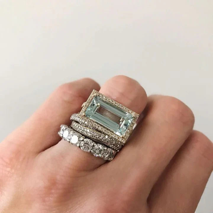 Conjunto de Anéis Vintage de Prata com Vidro Turquesa