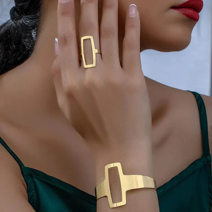 Conjunto de Pulseira e Anel Retangular Geométrico Ajustável