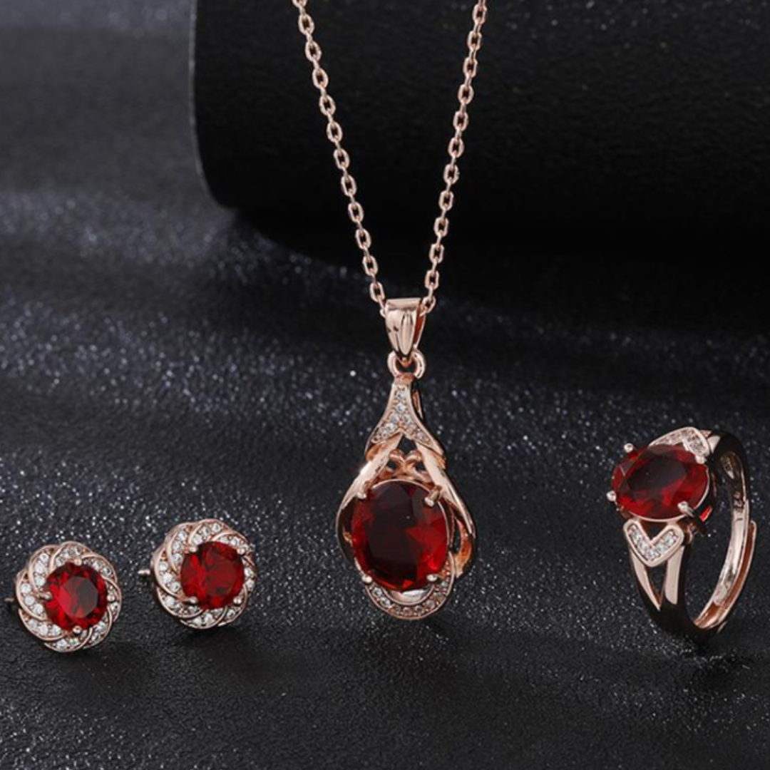 Conjunto Rosé Elysia Roseray com Cristais Vermelhos