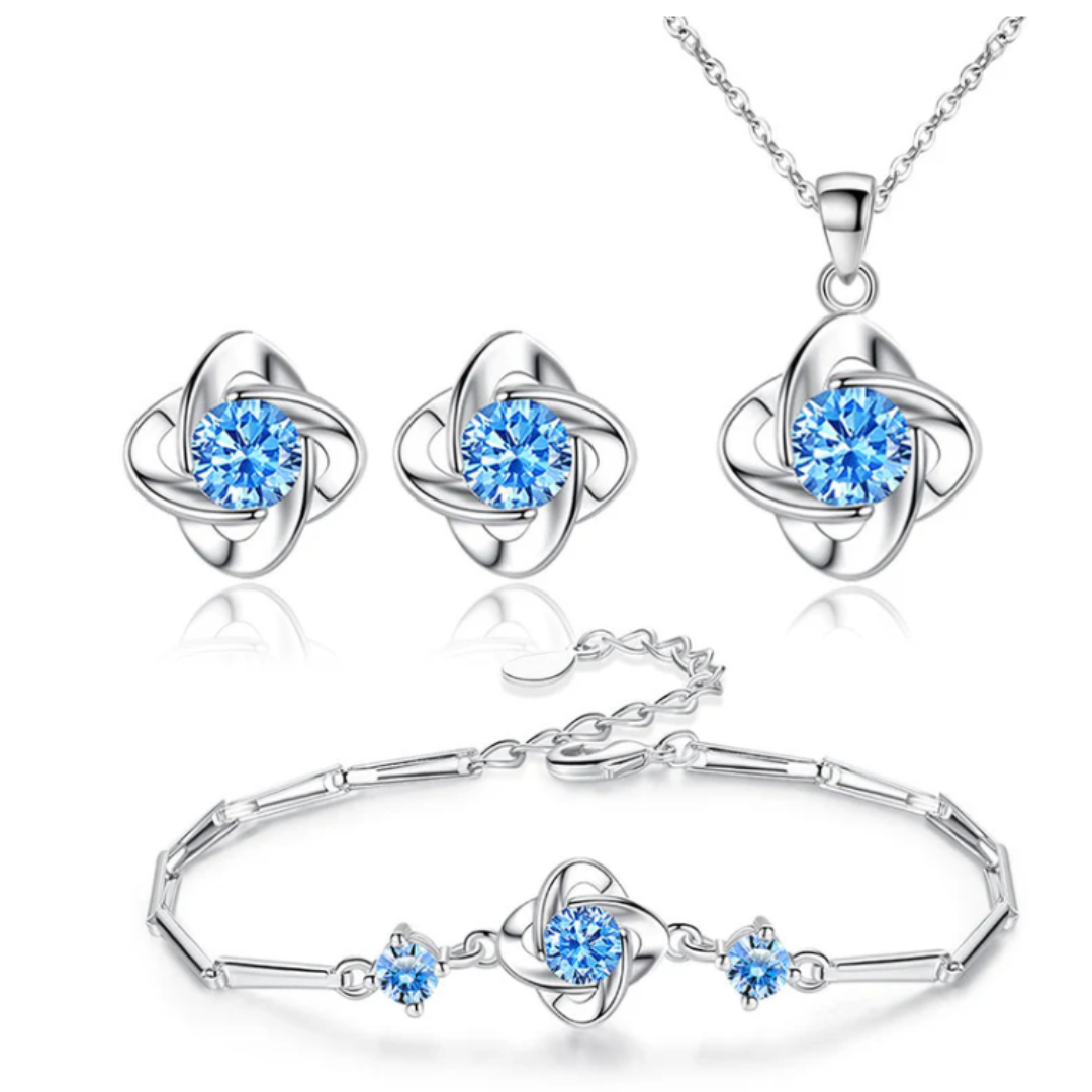 Conjunto Prateado Seren com Nó de Trevo e Laços de Cristal